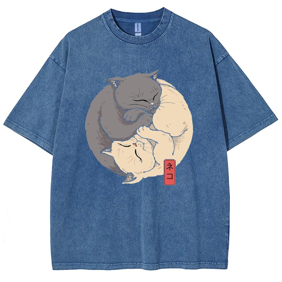 Japanese Two Cat Print Women Washed T-Shirt Oversized Loose Cotton Half-Sleeved Cute Anime Style Top Student Daily Tees