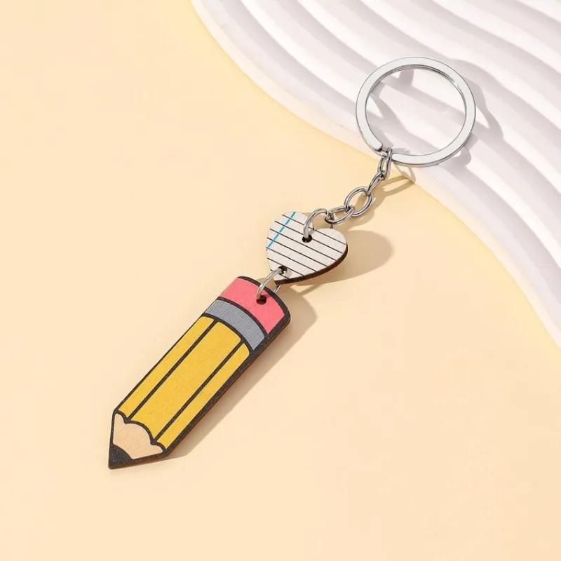 Creative Cartoon Pencil Keychains Wooden Colorful Pencil Heart-shaped Tag Keychains Present for Students Teachers