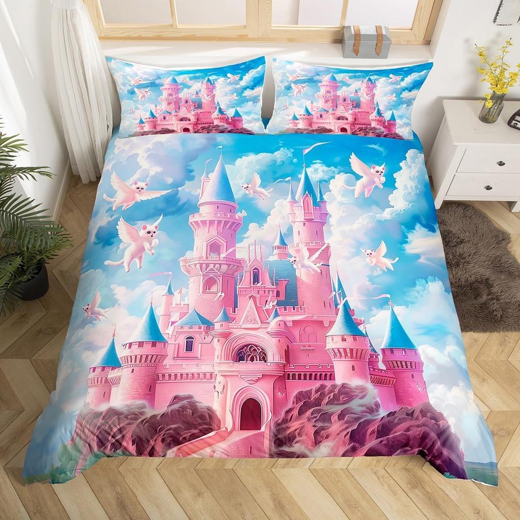 Comforter Fantasy Castle Princess Queen King Size For Kids Girls Fairy Tale Themed Princess Bedding Set 3 Piece Set