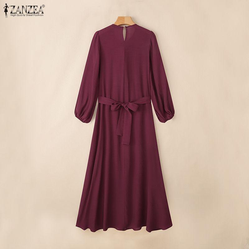 ZANZEA Muslim Women Casual Round Neck Loose Long Sleeve Dress