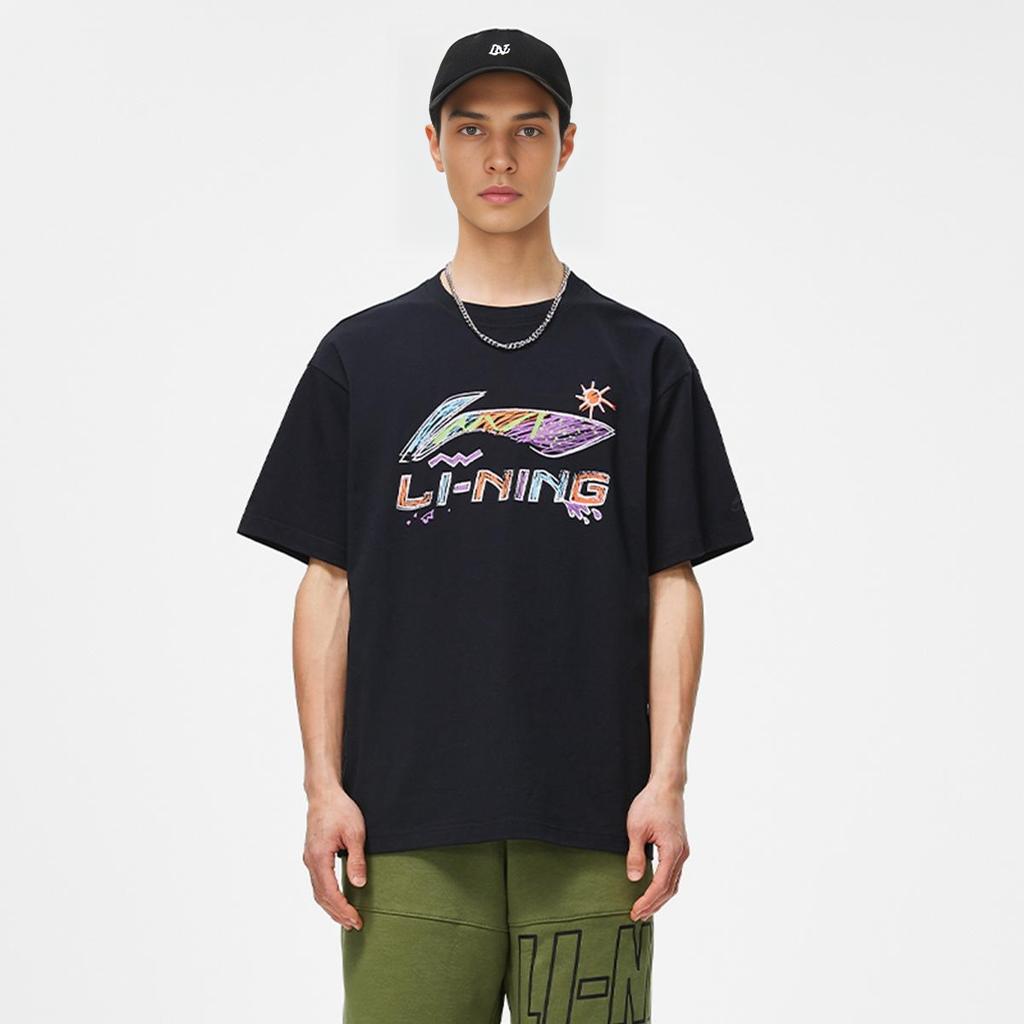 Li-Ning Hand-Painted Large Logo Print Loose Comfortable Versatile Short Sleeve T-Shirt Men Tops Black AHSU745-1