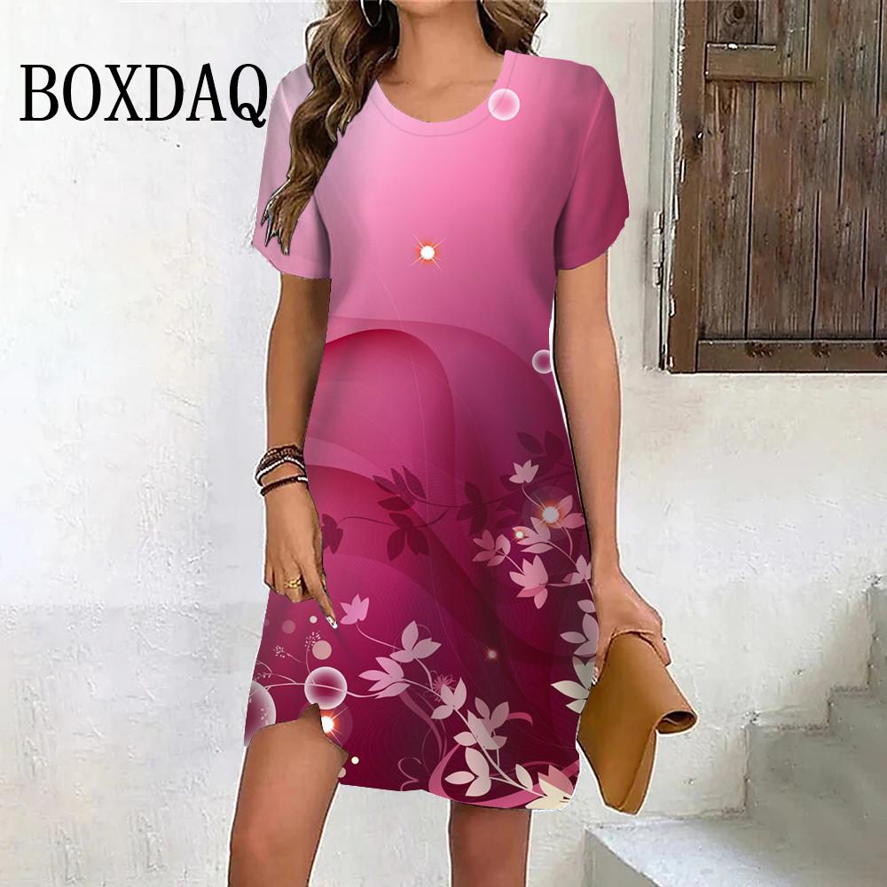 Purple Flowers Print Dresses For Women Summer Vintage Short Sleeve Mini Dress Casual Pullover O-Neck Plus Size Sundress