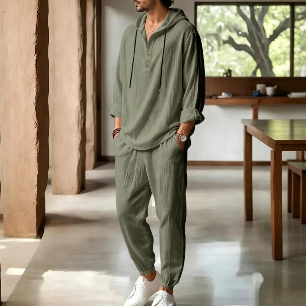Men's Linen Hooded Two-Piece Set: Half-Zip Long Sleeve Shirt and Jogger Pants for Beach Vacation