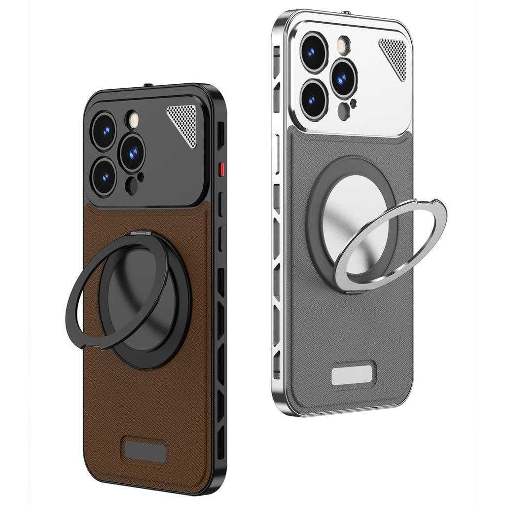 Aluminum Alloy Leather Buckle Phone Case with Rotating Stand for iPhone 16 Pro Max, Compatible with Apple 14