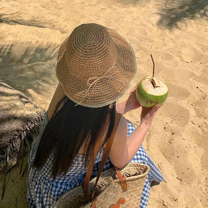 1 szt. Damski Letni Słomkowy Kapelusz Plażowy dla Kobiet, Szerokie Rondo Daszek Kapelusz Bucketowy Ręcznie Tkany Panama Oddychający Miękki Kapelusz Wędkarski Przeciwsłoneczny