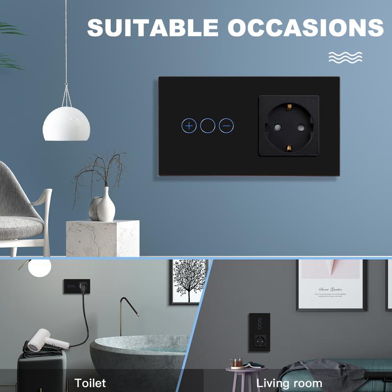 BSEED Touch Dimmer Switches 1gang1way Wall Light Switch LED Dimmer Plus EU Wall socket USB EU Standard Blue Backlight 10A