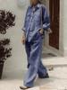 Fashion Solid Cotton Linen Shirt Set for Women Long Sleeve Blouse Top Pockets Pants Suit Female Casual Outfits