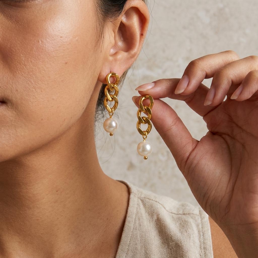 Classic French Style Imitation Pearl Drop Earrings for Women Vintage Gold Color Cuban Chain Stainless Steel Daily Wear Jewelry