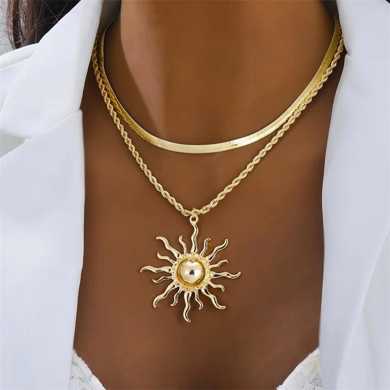 925 Silver Double Layer Sun Pendant Necklace for Women Trendy Bohemia Snake Bone Chain Necklace Party Jewelry Gifts
