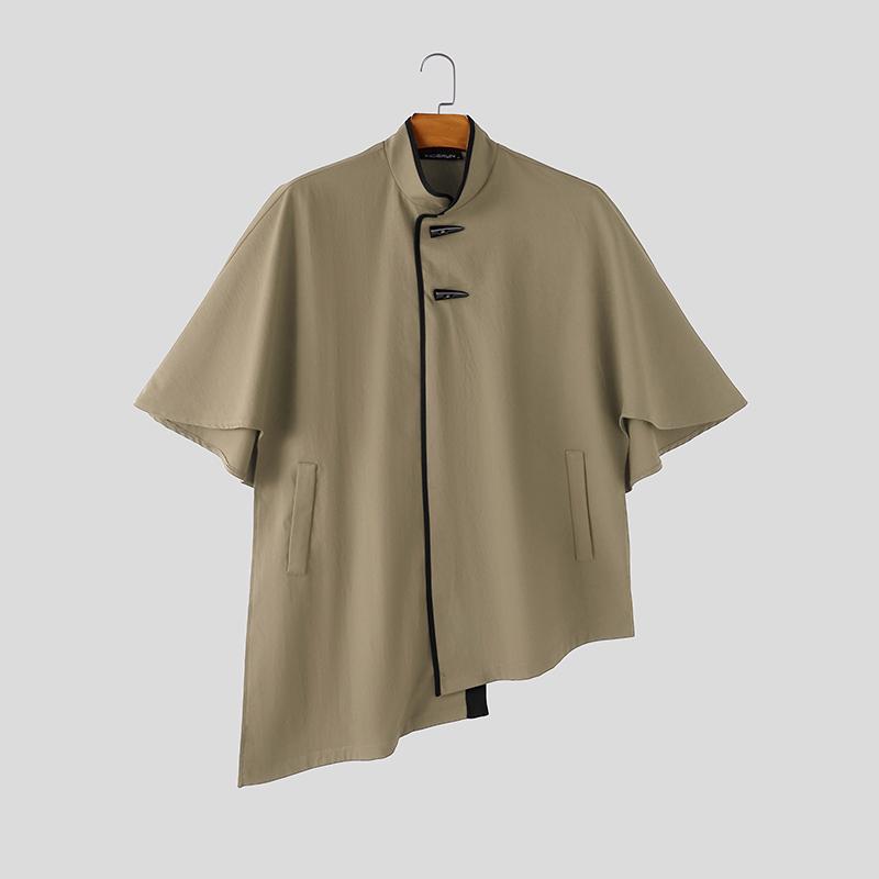 INCERUN Mens Vintage Stand Collar Cape Coat Batwing Sleeve Irregular Hem Streetwear Poncho Cloak
