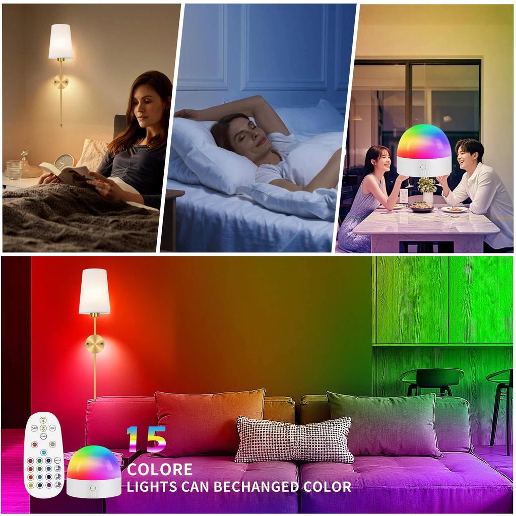 Battery Operated Wall Sconce Set of 2,Gold Rechargeable Wall Lights with 2500mAh Dimmable Detachable Bulbs and Remote
