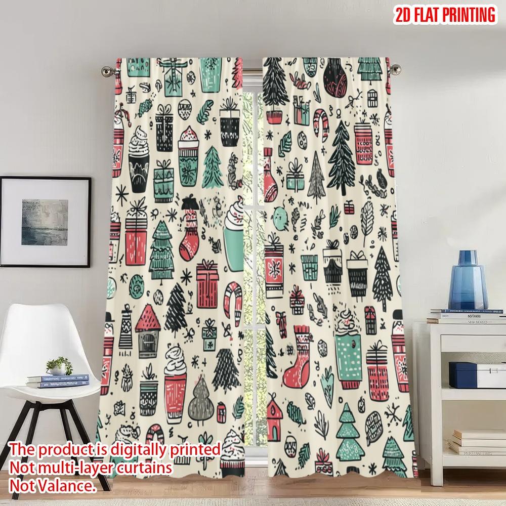 

Set Of 2 Flat Printing Happy Christmas Party Curtains Holiday Gift Stocking Digital Printed Polyester Drapes Curtain W100*H70(CM)-Grommet top&1PCS