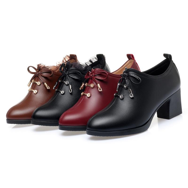 Women Spring Autumn New Fashion Lace Soft Leather Platform Pumps Korean Style Casual Waterproof Pointed Toe Single Shoes