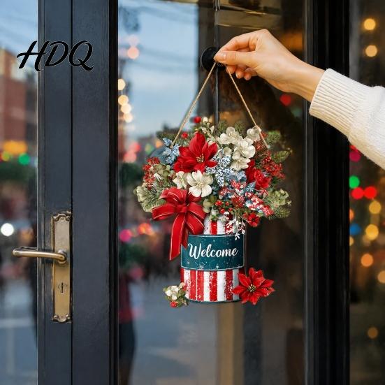 Indoor Outdoor Xmas Welcome Plaque Christmas Sign for Front Door Rustic Wooden Hanging Ornament Festival Gift New Home Wall Decor with Lanyard