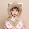 Youngsters Cute Cat Ear Winter Plush Thickened Ear and Neck Protection Daily Warm Cat Paw Embroidery Hat and Scarf Combo