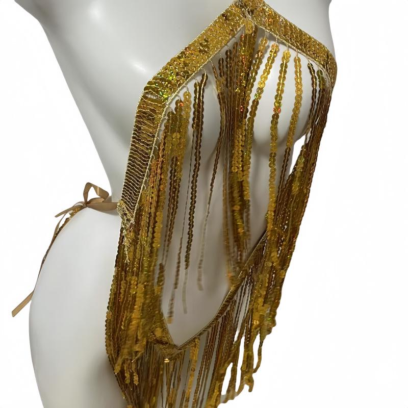 Qiaomi'er Shimmering Sequin Lingerie Set - Sexy Cutout Latin Dress with Tassel Mini Skirt
