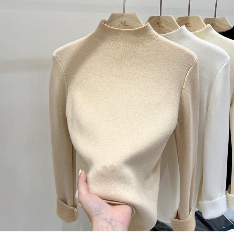 Autumn Half High Collar Slim Fit Warm Knitted Sweater Women Fashion Winter Thick Velvet Base Pullover Sweaters for Women Casual Plush Knitwears 24886