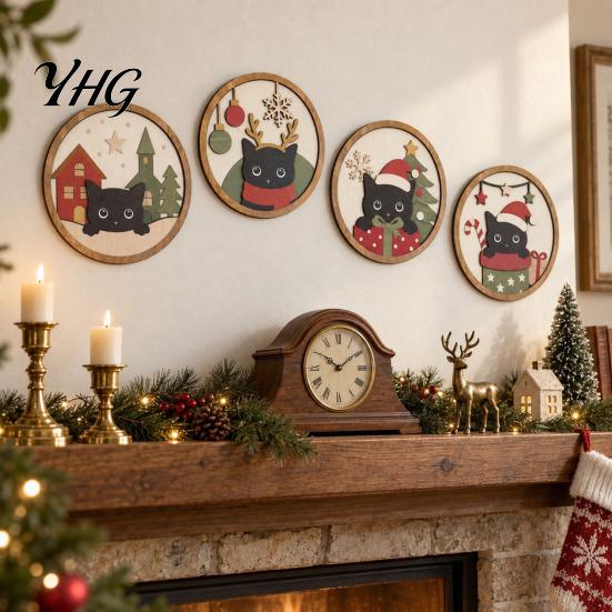 Creative Wall Layout Christmas Black Cat Decor, Layered Wooden Hanging Sign, Round 2D Home Decorations Flat Art Decoration for Living Room Bedroom And