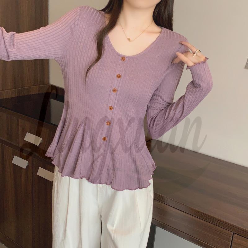 2026 Spring Women s Plus Size French Slimming Ribbed Knit Top, Round Neck, Long Sleeve, Versatile Design 4XL фиолетовый