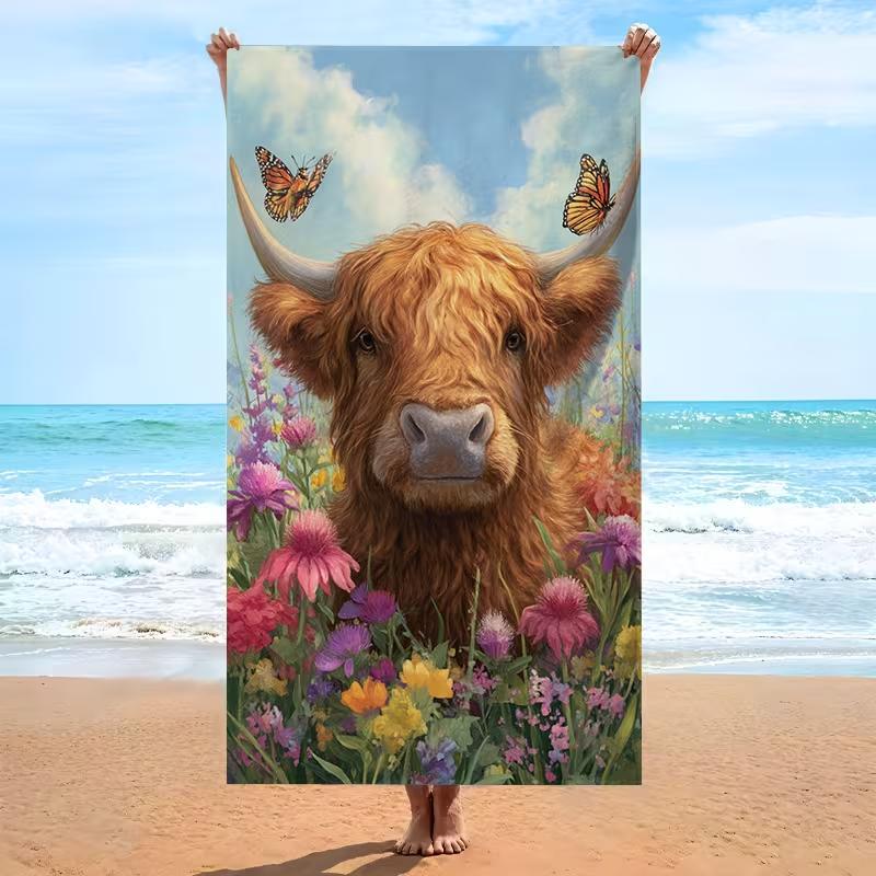Boho Schottisches Hochlandrind Muster Strandtuch Blumengirlande Schottisches Hochlandrind Sommer Stranddecke Schnelltrocknend Leicht Saugfähig Handtuch