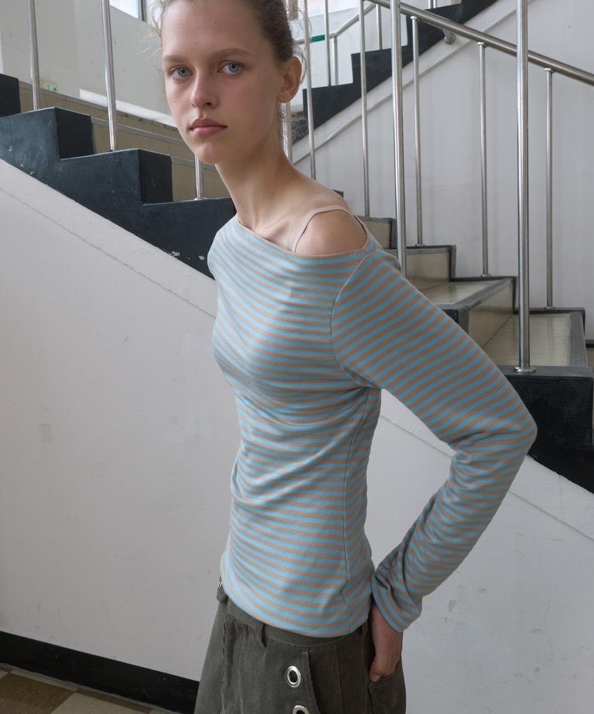 KIJUN Stripe One-Shoulder Long Sleeve Top_Mint