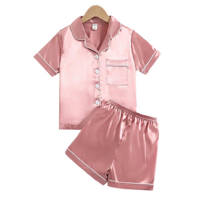 Conjunto de Pijama de Satén de Verano Transfronterizo para Niños - Manga Corta de Color Sólido para Niños y Niñas