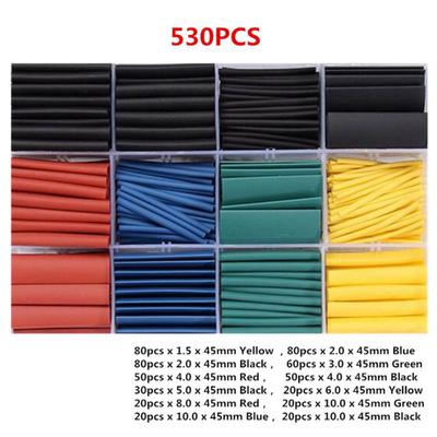 530pcs/set Electronic Polyolefin Ratio 2:1 Wrap Wire Cable Sleeve Kit Heat Shrink Tubing