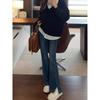 Dark Blue Slit-Flare Jeans for Women, New Spring Style for Plus-Size Girls, Pear-Shaped Body, High-Waisted, Slimming Flared Pants
