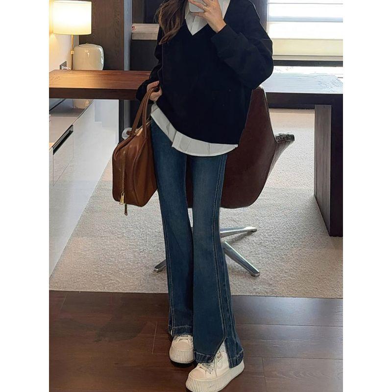 Dark Blue Slit-Flare Jeans for Women, New Spring Style for Plus-Size Girls, Pear-Shaped Body, High-Waisted, Slimming Flared Pants