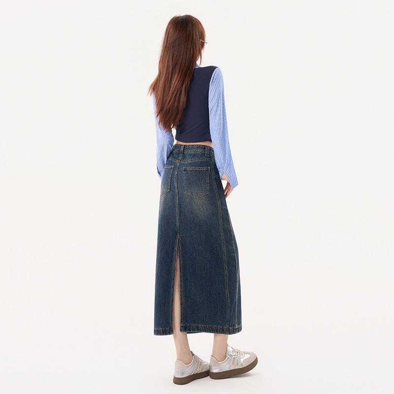 American Retro High Waist A-Line Denim Skirt with Slit and Patchwork - Spring 2026 Collection