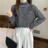 Real shot h turtleneck bottoming shirt women's autumn and winter velvet inner versatile loose striped long sleeves