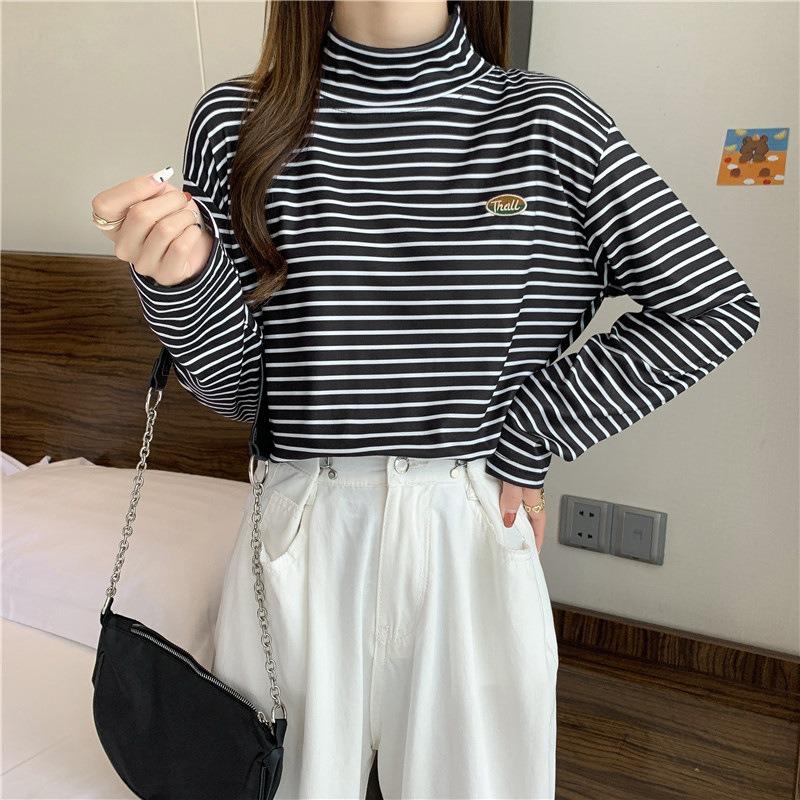 Real shot h turtleneck bottoming shirt women's autumn and winter velvet inner versatile loose striped long sleeves