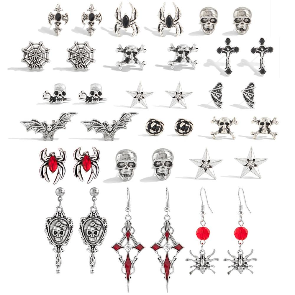 6pcs Set Dark Gothic Sliver Color Spider Web Bat Skull Blood-dripping Cross Stud Earrings for Women Men Halloween Jewelry Sets