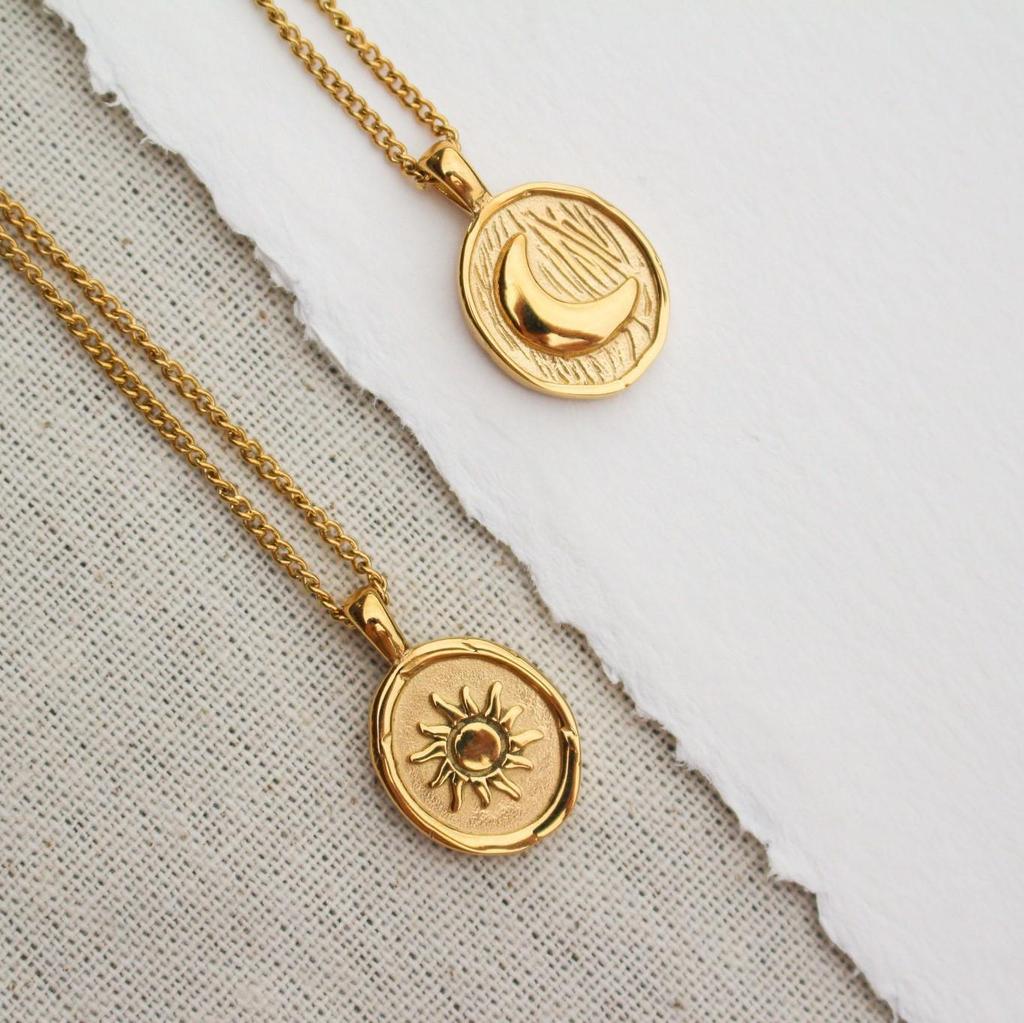 Sun Moon Round Coin Necklace: Stainless Steel with 18k Gold Plating