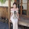 French White One-word Shoulder Dress for Women's Summer Birthday Wear, Sexy Pure Desire Temperament, Slim-fitting Hip-wrapped Long Skirt