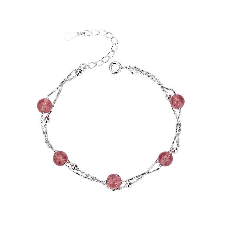 

Браслет из стерлингового серебра S925 с розовым клубничным кристаллом в форме сердца девушки, маленький браслет в японском стиле со свежими и сладкими кристаллами из лунного камня