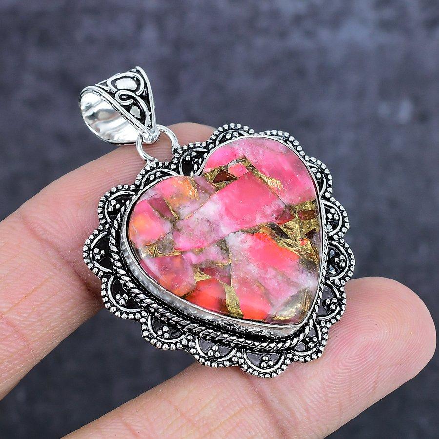 Natural Pink Dahlia Turquoise Gemstone 925 Sterling Silver Pendant 1.97" ETC-14033