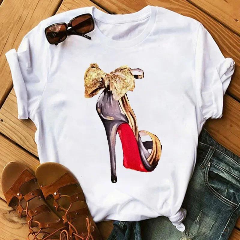 Women's Summer Short Sleeve T-shirt Casual Tops T Shirt Harajuku New Fashion High Heels Personalized Printed