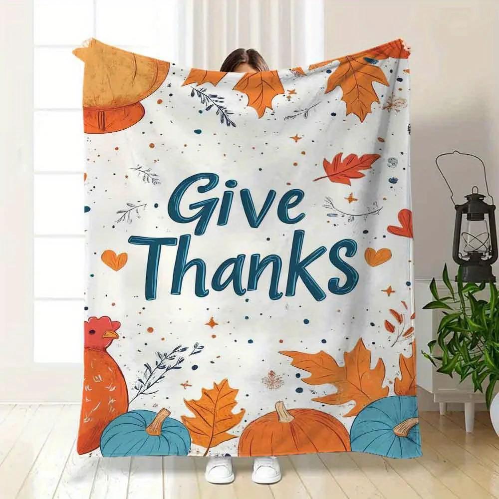 Erntedank-Kuscheldecke – Gemütlicher Kürbis, Truthahn & Herbstlaub mit „Thanksgiving“-Text, für Sofa, Bett, Herbst-Wohnkultur