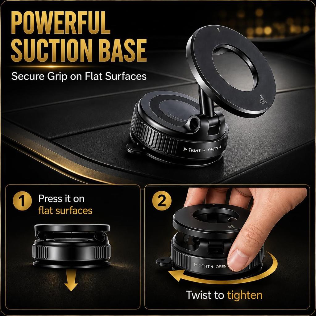 Magnetic Phone Holder for Car – 360° Rotation Vacuum Suction Mount – Strong Magnetic Dashboard & Windshield Phone Stand Compatible with iPhone,