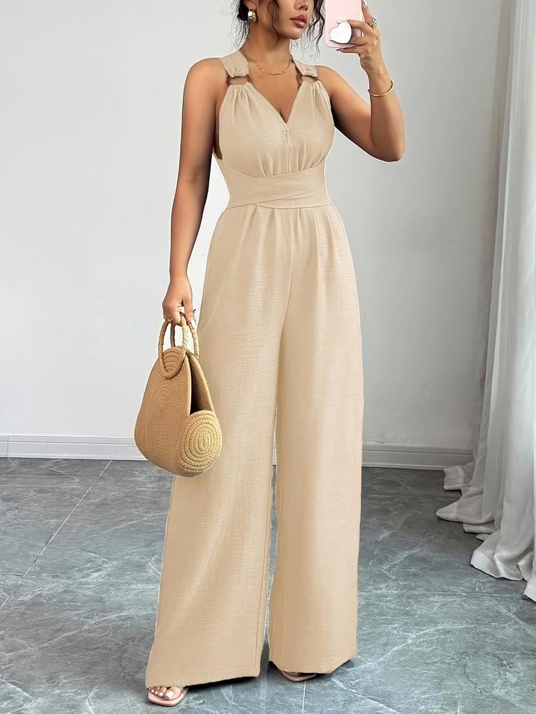 European Women's 2025 V-Neck Backless Cross-Waist Wide-Leg Jumpsuit