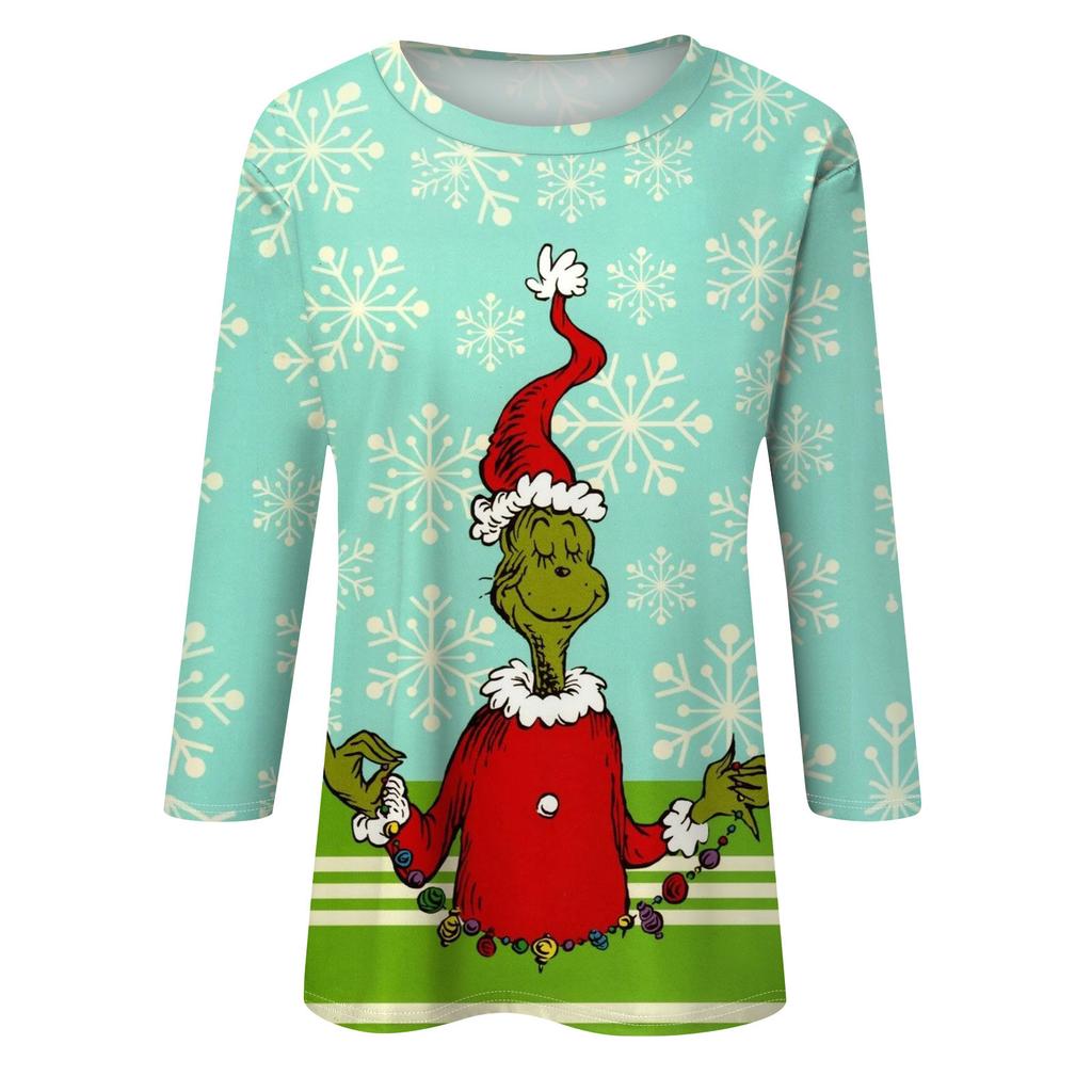 Damenmode, lässiges Oberteil mit sieben Ärmeln und Weihnachtsdruck, Rundhalsausschnitt