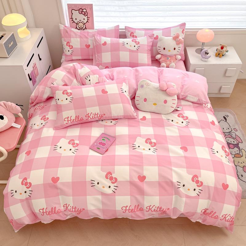 Hello Kitty All-Cotton Cute Cartoon Girl Fitted Sheet & Duvet Set - 4-Pc Dorm Style