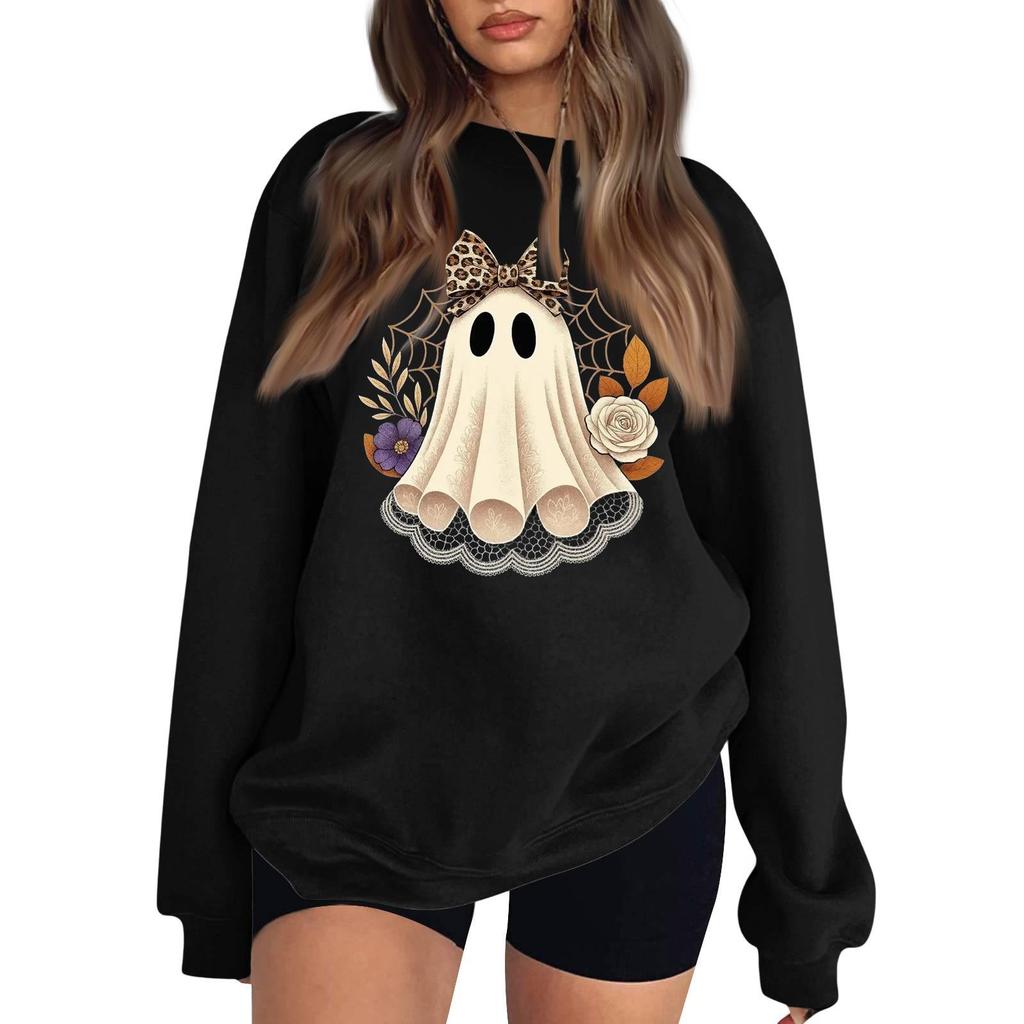 Women's Neck Long Sleeve Loose Fit Casual Sweatshirt Pullover Top with Halloween Print