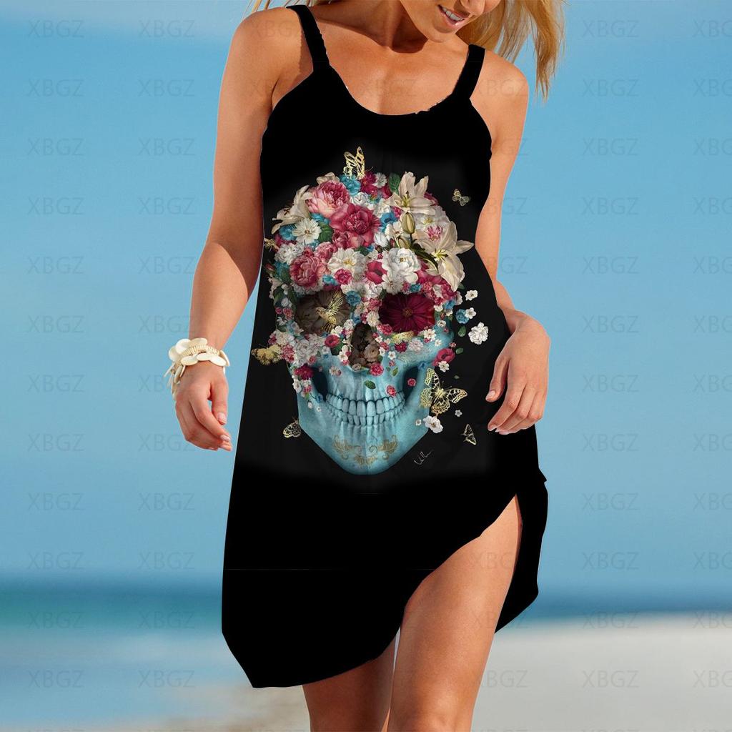 Damen Kleid Top Frau Sling Sommer Ärmellose Partykleider 3D Digitaldruck 2024 Sexy Totenkopf Blume Boho Strand Gothic