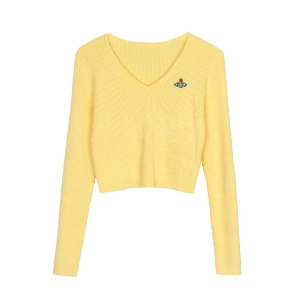 Korean Style V-Neck Saturn Embroidered Slim Knit Top for Women