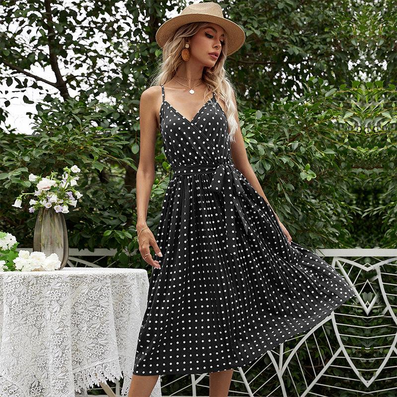 Sexy Summer V Neck Polka Dot Dress for Women A Line Lace Up Pleated Printed Slip Dress