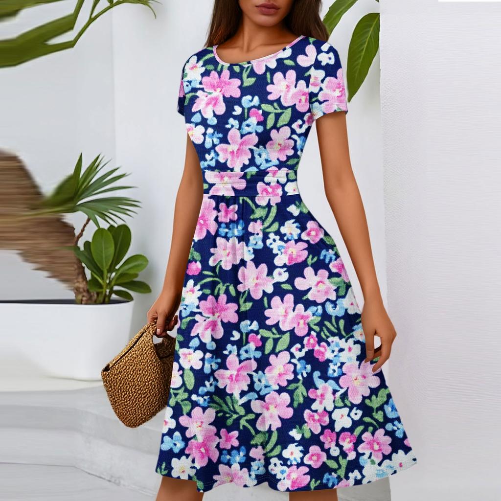 Women's Casual Fashion Round Neck Pleated Short Sleeve Floral Print A-Line Midi Dress