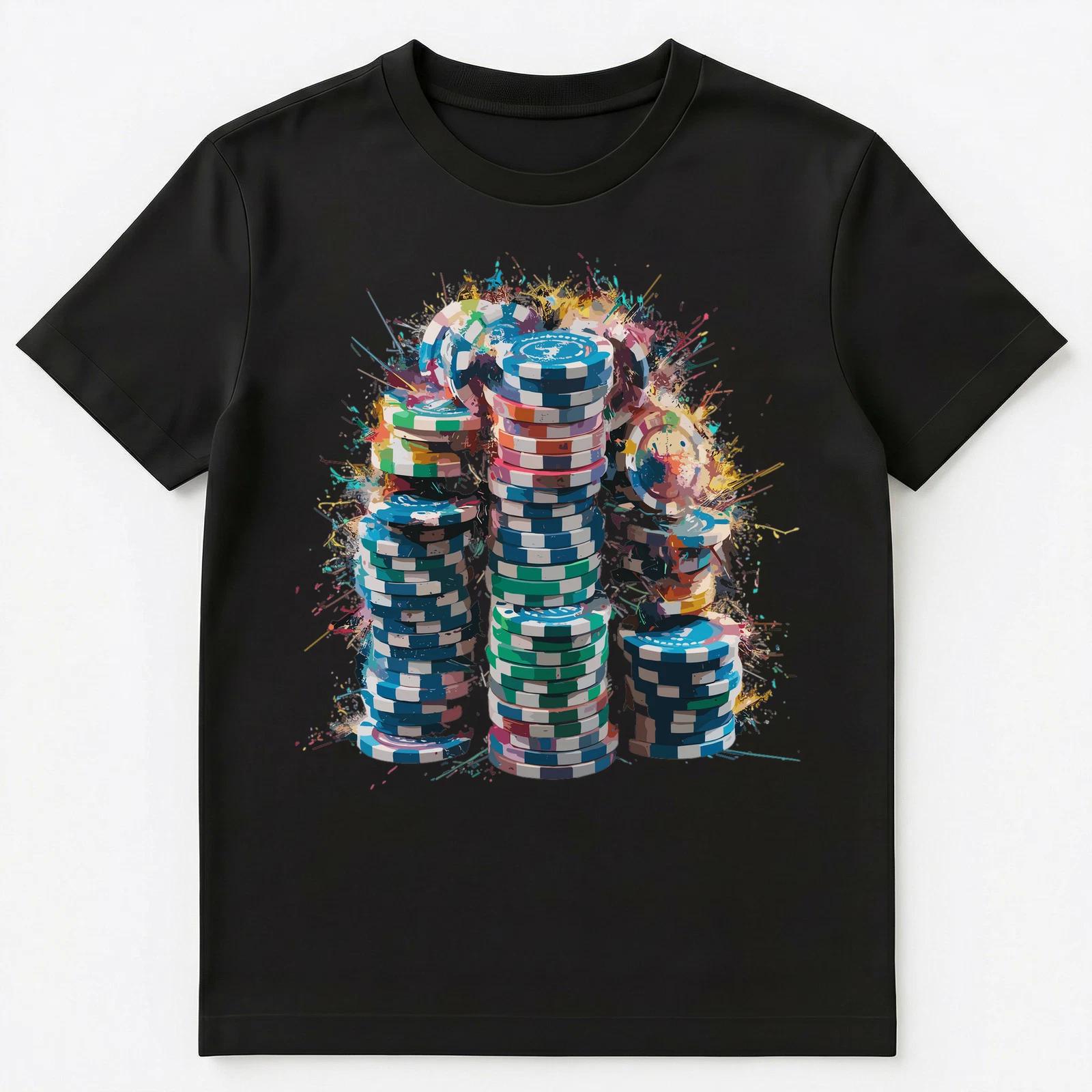 Colorful Paint Splash Stack Of Poker Chips Art Graphic Unisex T-Shirt 3XL