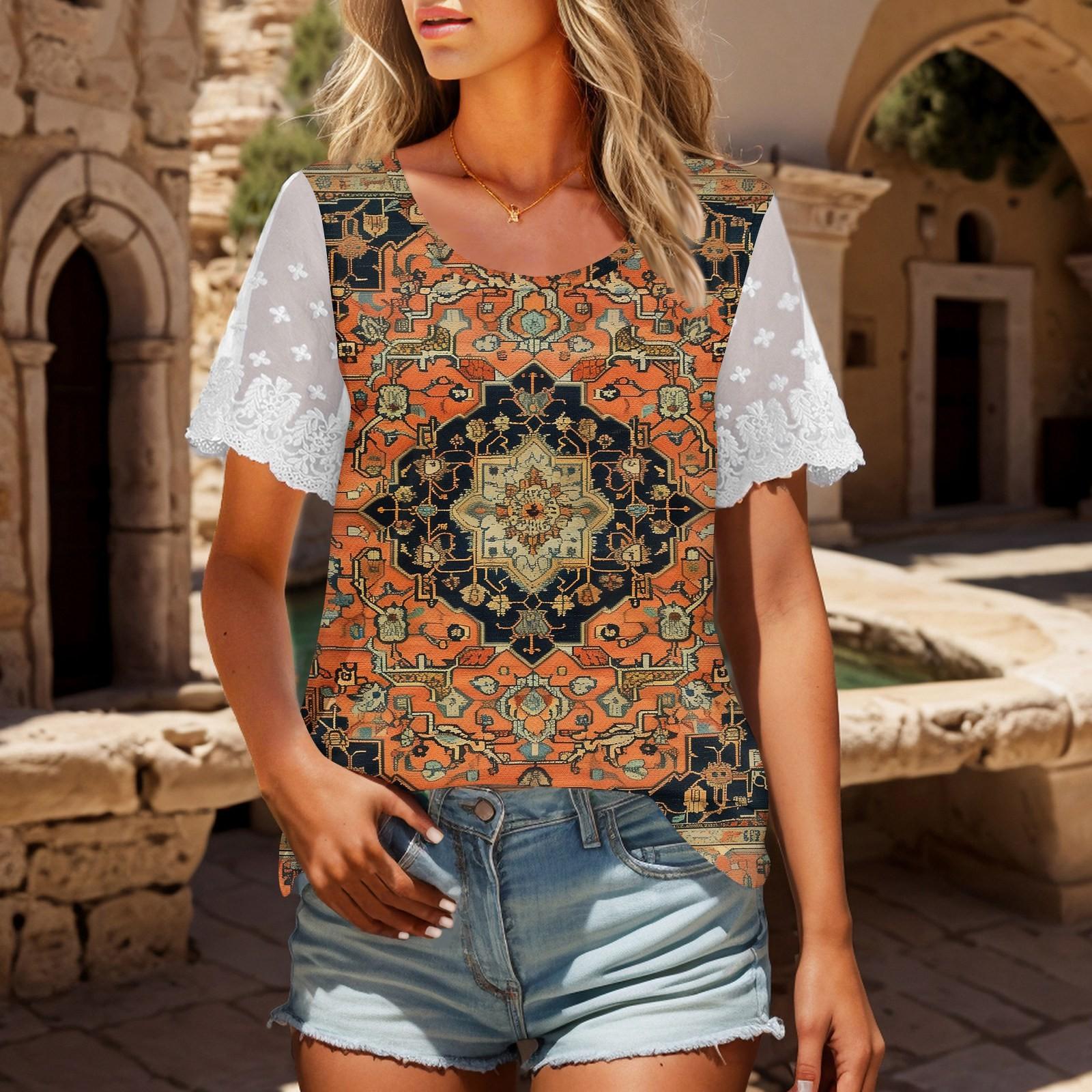 

Женская кружевная футболка с короткими рукавами и круглым вырезом с принтом, топ XXXL